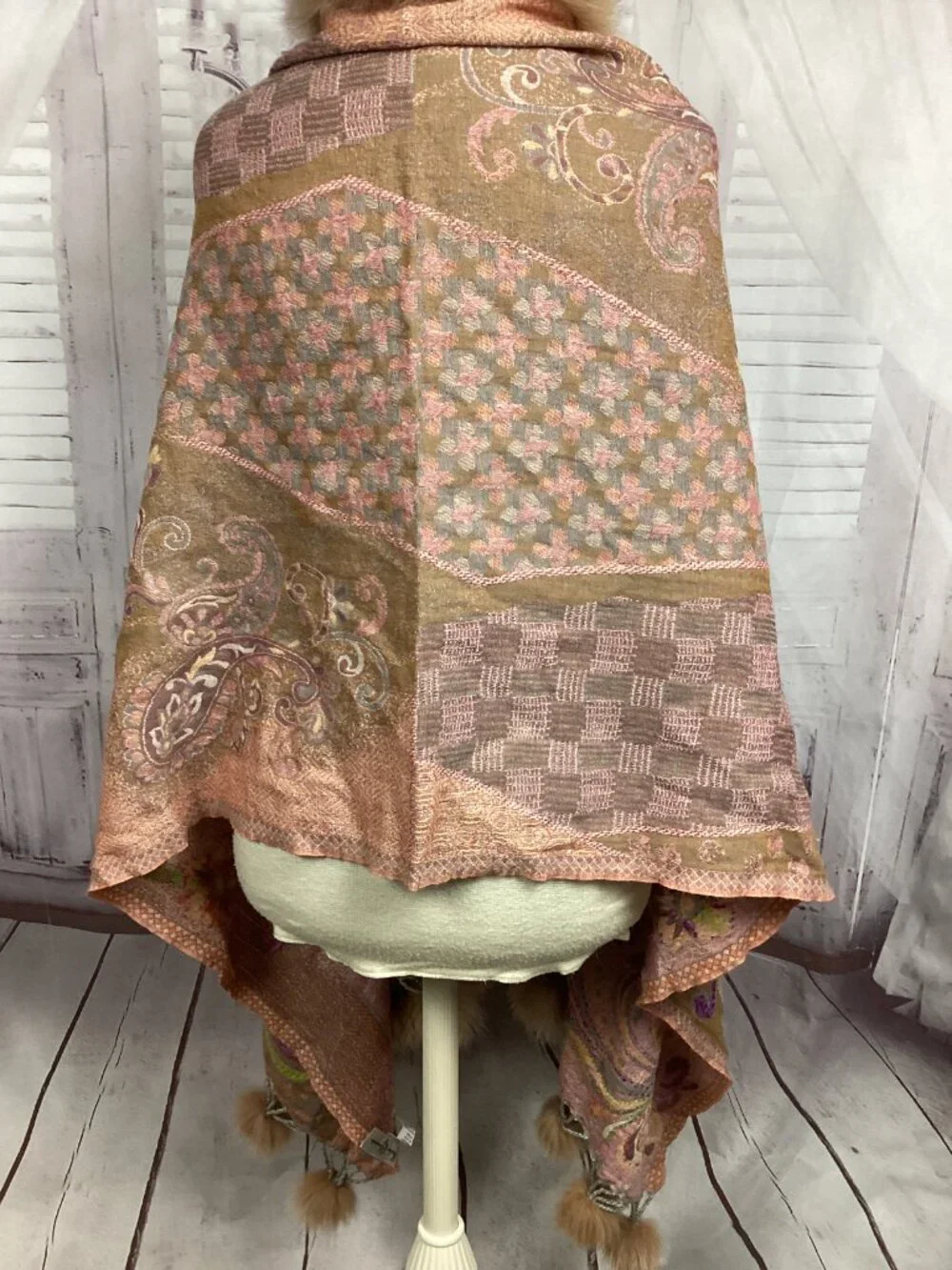 Embroidered Paisley Shawl Wrap with Fox Fur Trim and Tassels